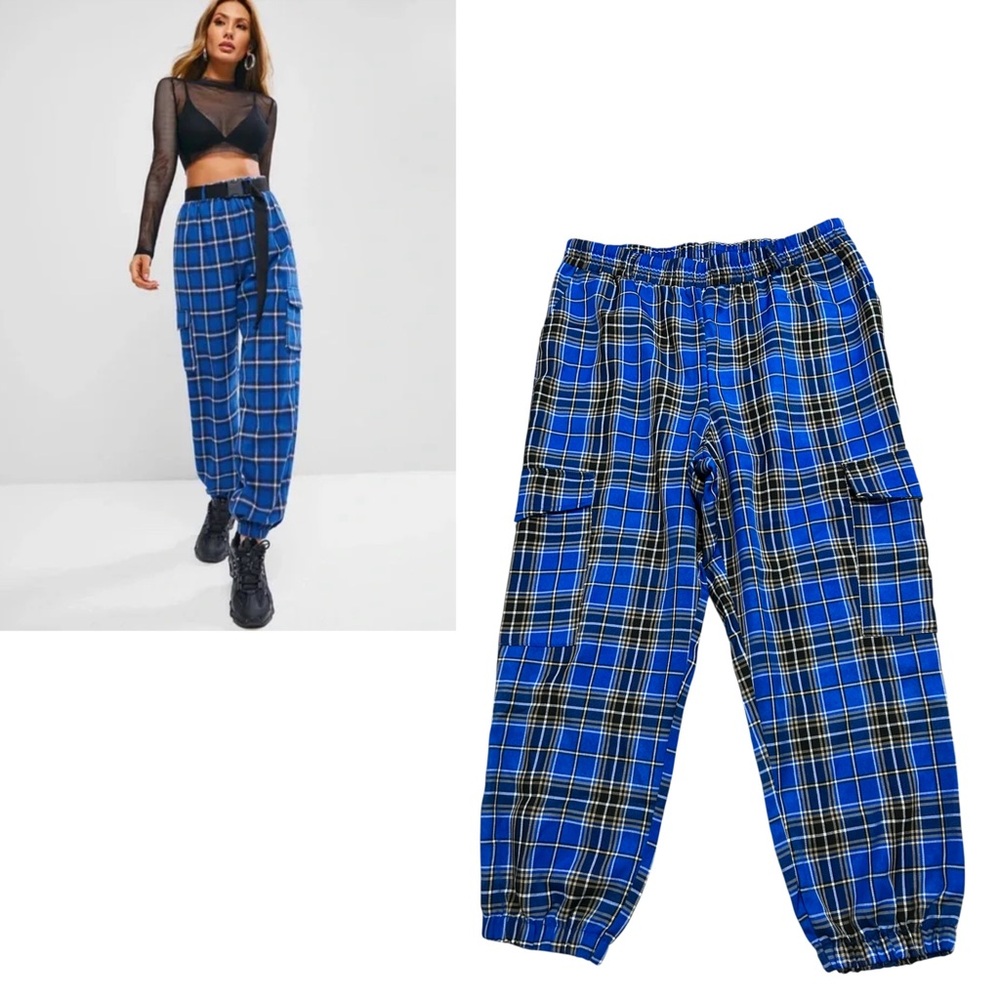 Blue Plaid Pull-On Cargo Joggers 3X